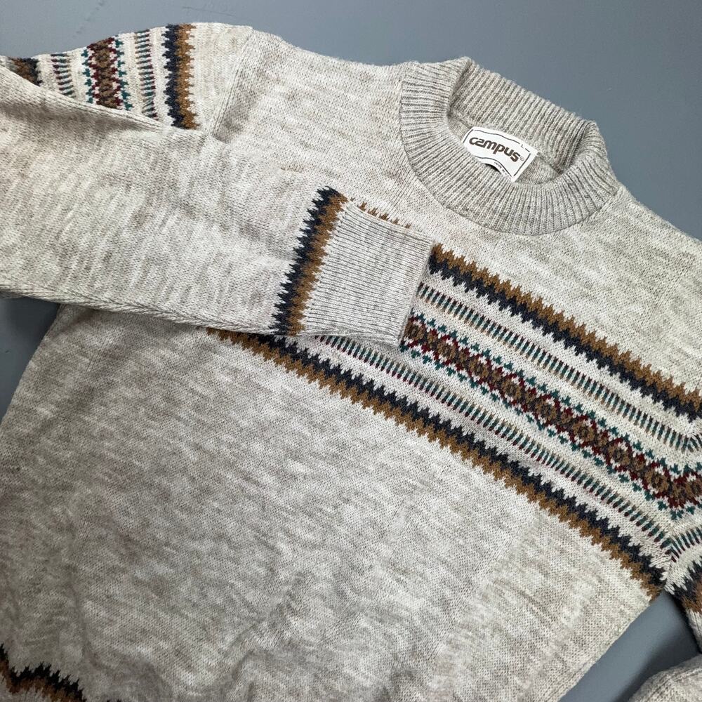 Vintage 80s Campus Fair Isle Knit Sweater USA Made Grandpa Core Neutral Crewneck